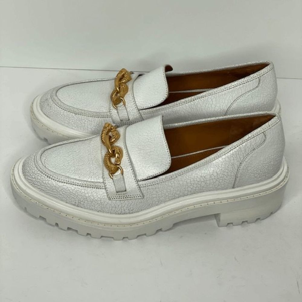 White Loafers with Gold Chain Detail